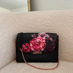 TED BAKER black floral crossbody handbag with rose gold details